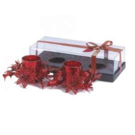 PORTA TEALIGHT ROSSO C/AGRIFOGLIO conf.2pz