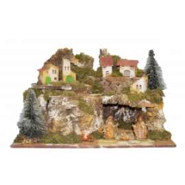 PRESEPE CAPANNA E PAESAGGIO 58x34x37cm C/FIGURE 10cm E LUCI
