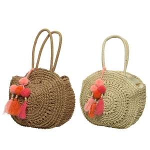 BORSA TONDA IN PAGLIA CON POM POM 34cm