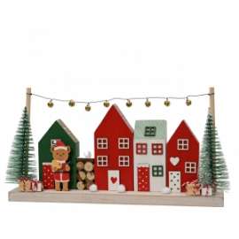 PAESAGGIO C/CASETTE E ALBERI SU BASE DI LEGNO h.14cm