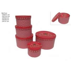 Scatole Natale TONDE DECORO ROSSO/BIANCO Set 5pz .46192